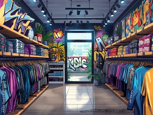 A store with a graffiti wall and a window with a plant. The store is full of clothes and the window is open