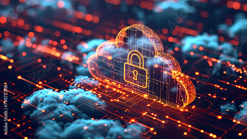 Futuristic Cloud security concept with cloud technology symbols and padlocks, representing data protection and cyber security in a cloud computing environment.