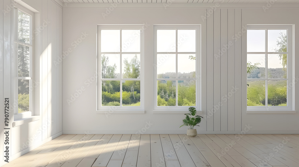 Fototapeta premium White empty room with summer landscape in window. Scandinavian interior design. 3D illustration