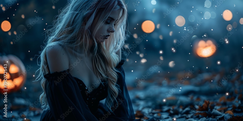 Portrait of a woman in a scenery related to the celebration of the holiday Halloween