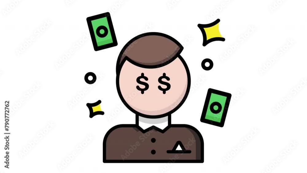 Animated Man with money and dollar signs on his eyes suitable for finance or investment concepts in advertising, presentations, and financial publications.