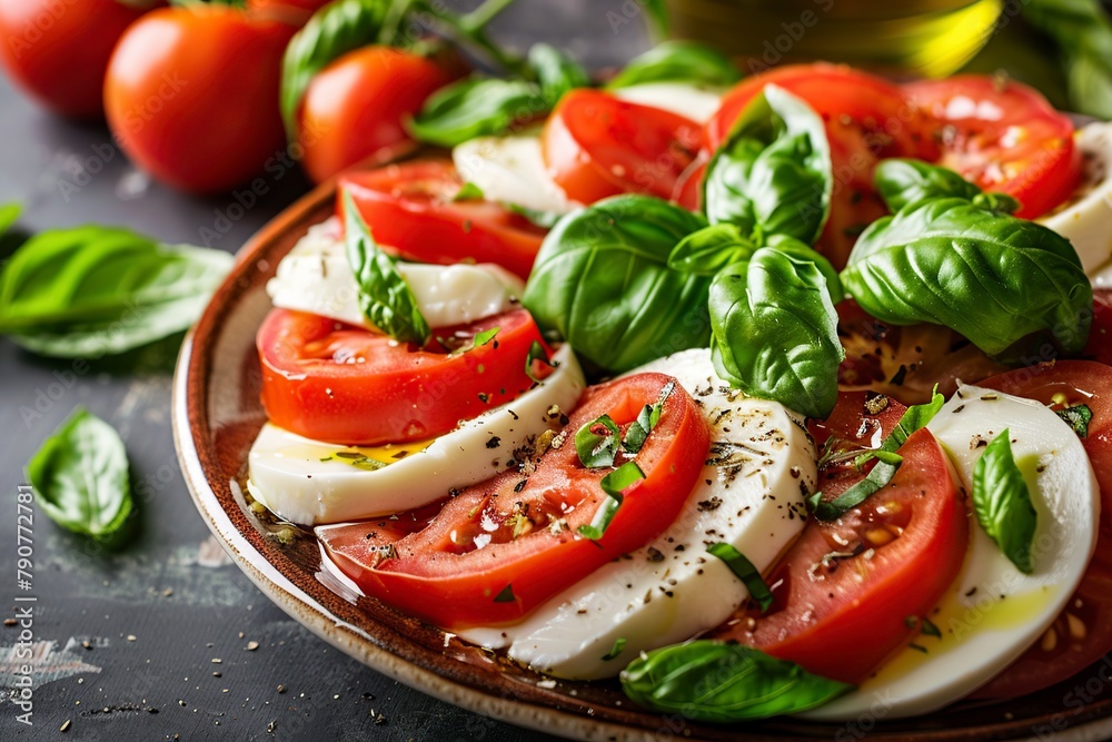 Plate of Tomatoes, Mozzarella, and Basil on Table