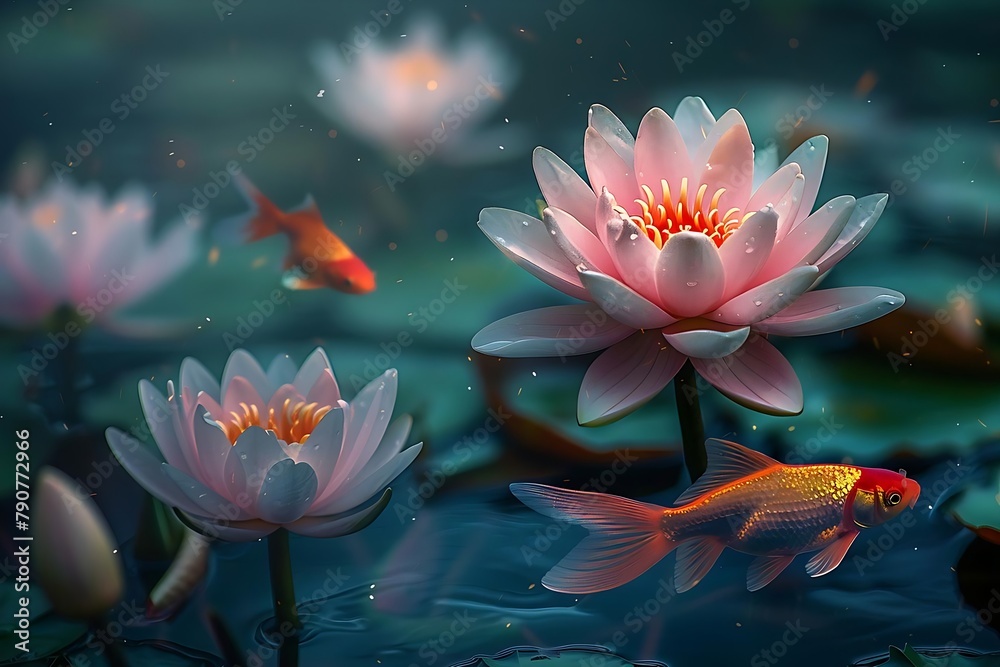 A group of fish swimming in a pond with a few pink flowers floating on the surface