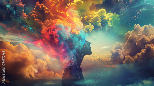 Illustration of person and a large number of colors emanating from his head, which symbolize the beauty of emotions and human condition photo