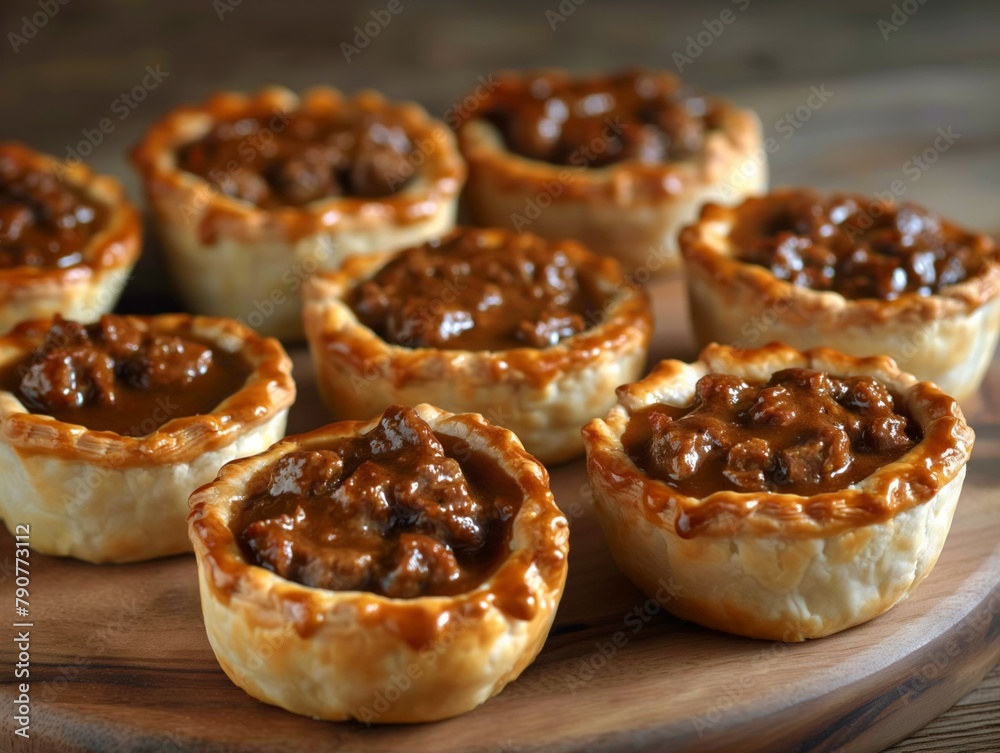A plate of meat pies with a brown crust. The pies are arranged in a row on a wooden table