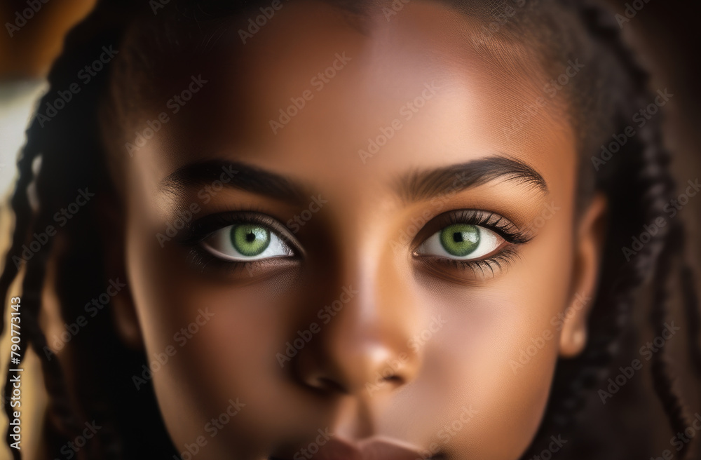 close-up of the green eyes of an African-American girl close-up of the green eyes of an African-American girl