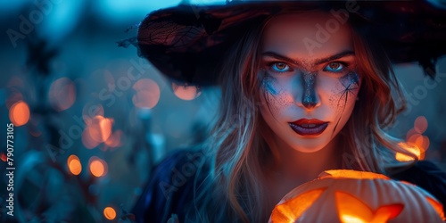 Portrait of a woman in a scenery related to the celebration of the holiday Halloween