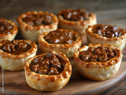 A plate of meat pies with a brown crust. The pies are arranged in a row on a wooden table