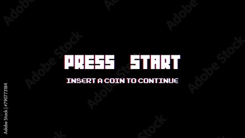Retro video game PRESS START text glitch interference dark background