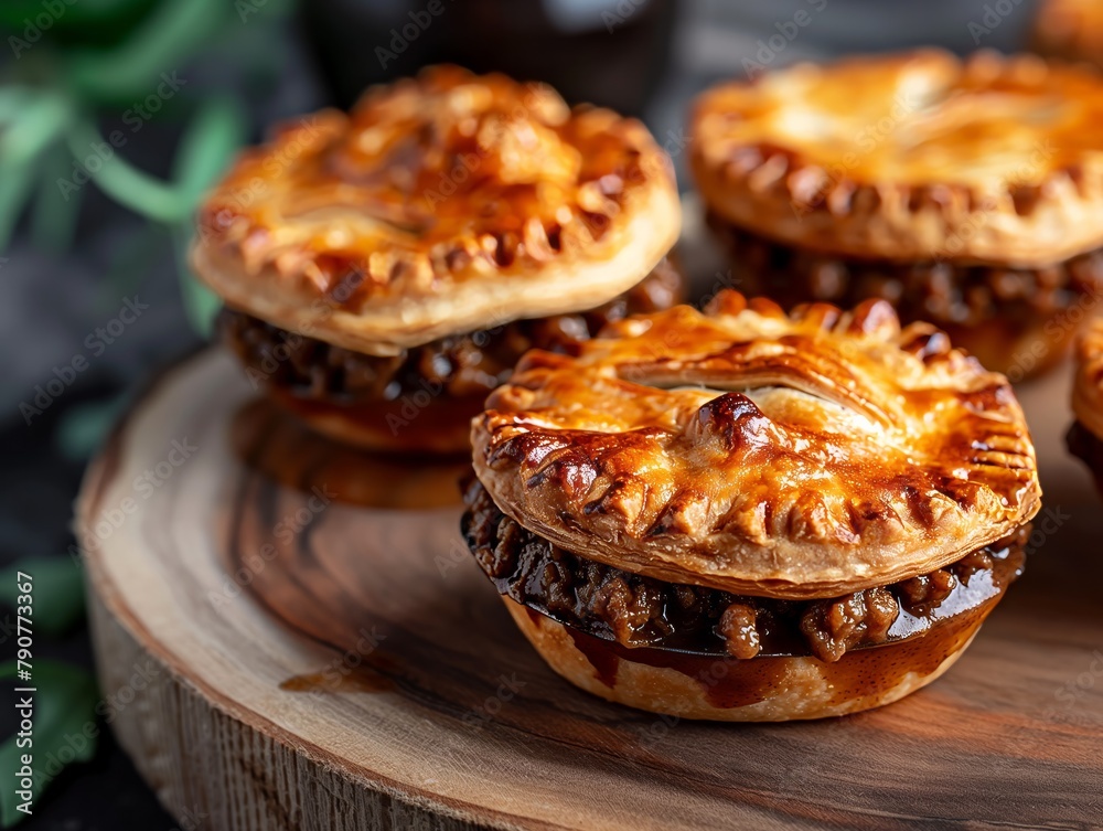 Three pies with meat filling on top of a wooden board. The pies are brown and look delicious Three pies with meat filling on top of a wooden board. The pies are brown and look delicious