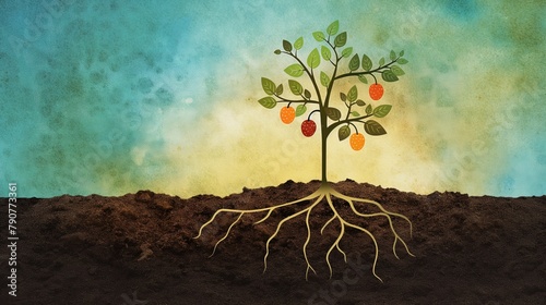 Illustration of a Fruit Tree with Exposed Roots on Earthy Textured Background