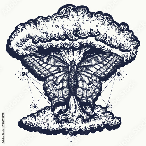 Atomic explosion and butterfly, tattoo. Symbol of stress, aggression, tension, protest. Psychological creative t-shirt design concept © intueri