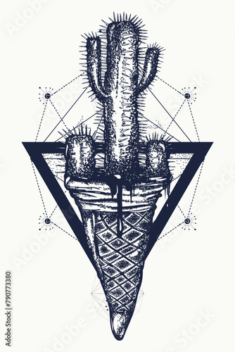 Cactus and ice cream tattoo art. Sacred geometry style. Psychological concept of pain and pleasure, duplicity, reserve, creativity. T-shirt design art © intueri