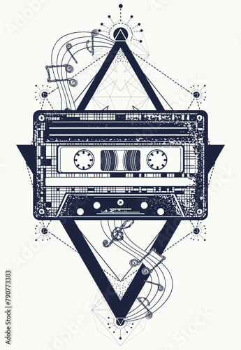 Music tattoo. Audio cassette type, and musical notes. Sacred geometry. Symbol of retro nostalgia, 80th and 90th. disco. T-shirt design art © intueri