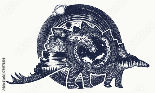 Stegosaurus and universe double exposure tattoo. Comet has destroyed dinosaurs. Symbol of prehistoric, paleontology. Why the dinosaurs died out. T-shirt design © intueri