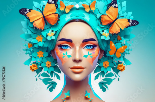 Beautiful, stylish, creative summer background. A fashionable spring portrait of a woman with flowers and butterflies on her head and in her hair. The concept of female beauty