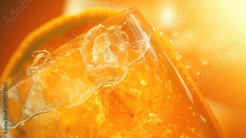 Orange slices under water  cocktail  orange drink  top view. Orange background.