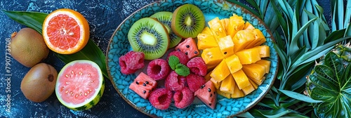 Flat lay of a tropical fruit platter with pineapple, watermelon, and kiwi slices on a vibrant pla