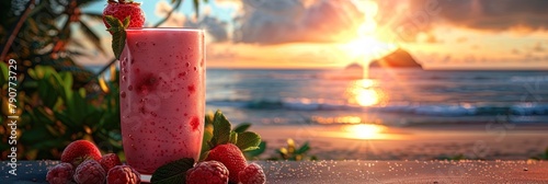Exotic smoothie presented against a seaside panorama, featuring palm trees and a serene oce photo