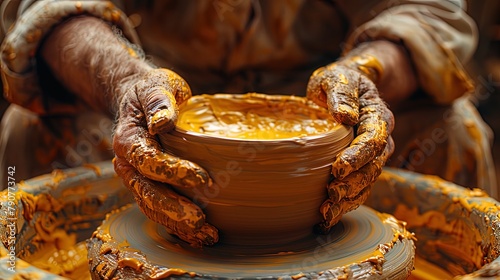 Close-up of skilled hands shaping clay on a pottery wheel to craft a goblet in a pottery clas photo