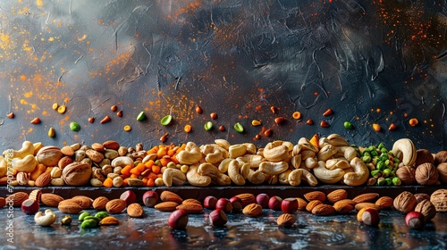 An enticing assortment of nuts, such as cashews, pistachios, and hazelnuts, presented on a poli