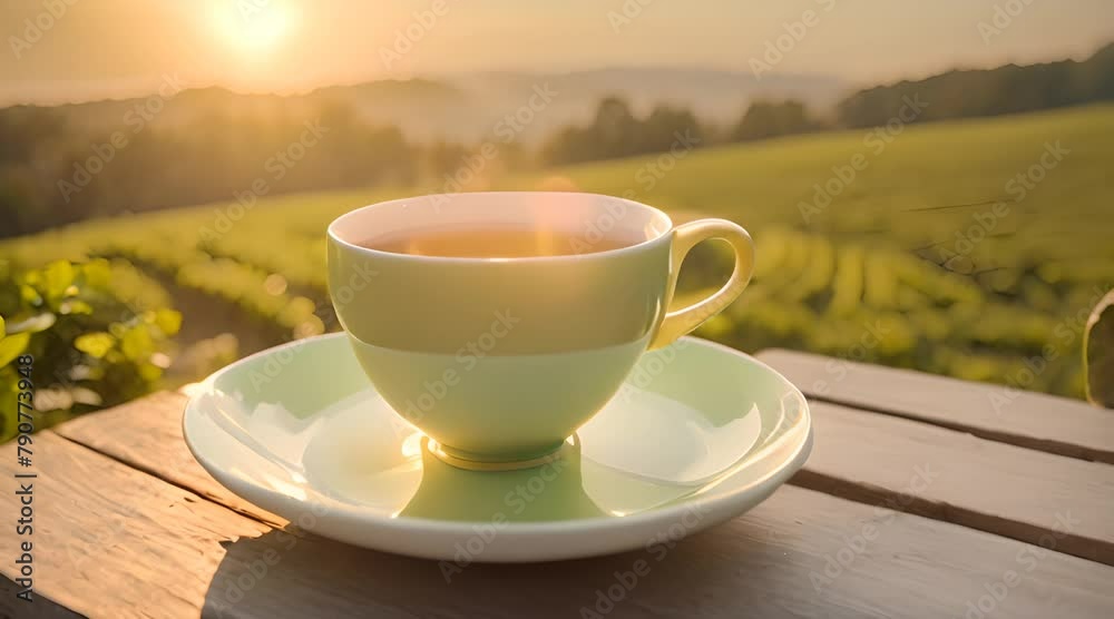 Cinematic Close-Up: Cup of Tea with Beautiful Tea Farm in Background Cinematic Close-Up: Cup of Tea with Beautiful Tea Farm in Background