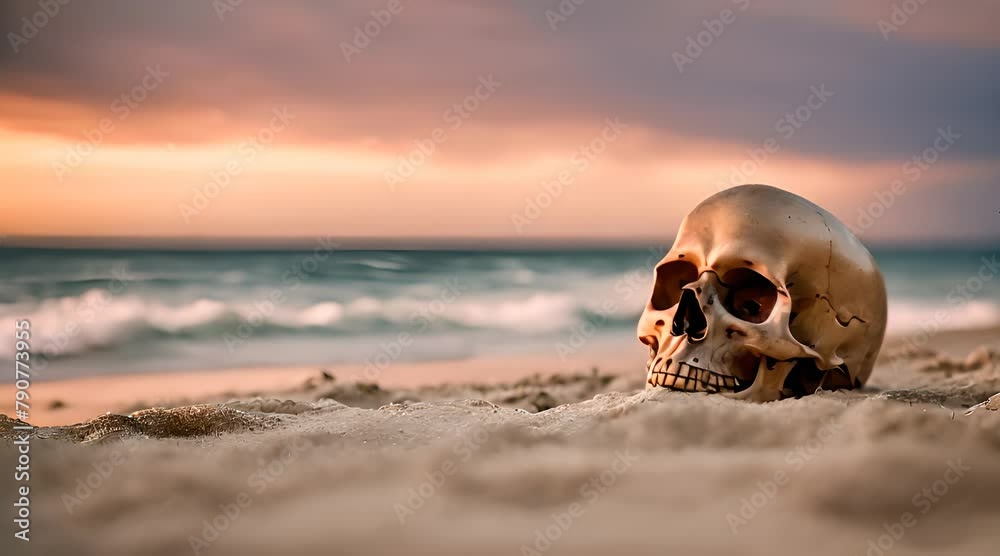 Cinematic Close-Up: Pirate Skull Adventure Scene with Beautiful Ocean in Background