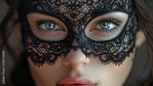 A mysterious woman adorned in an elegant masquerade mask, her eyes sparkling with intrigue beneat