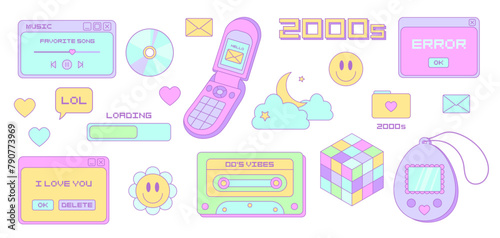 Retro sticker pack in trendy cute y2k style. Kawaii set. Nostalgia for 1990s -2000s.