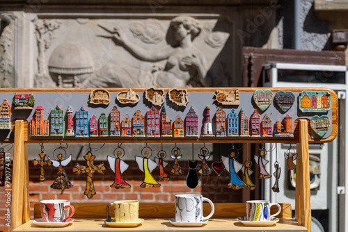 A souvenir shop on Mariacka Street with fridge magnets and cups, Gdansk, Poland