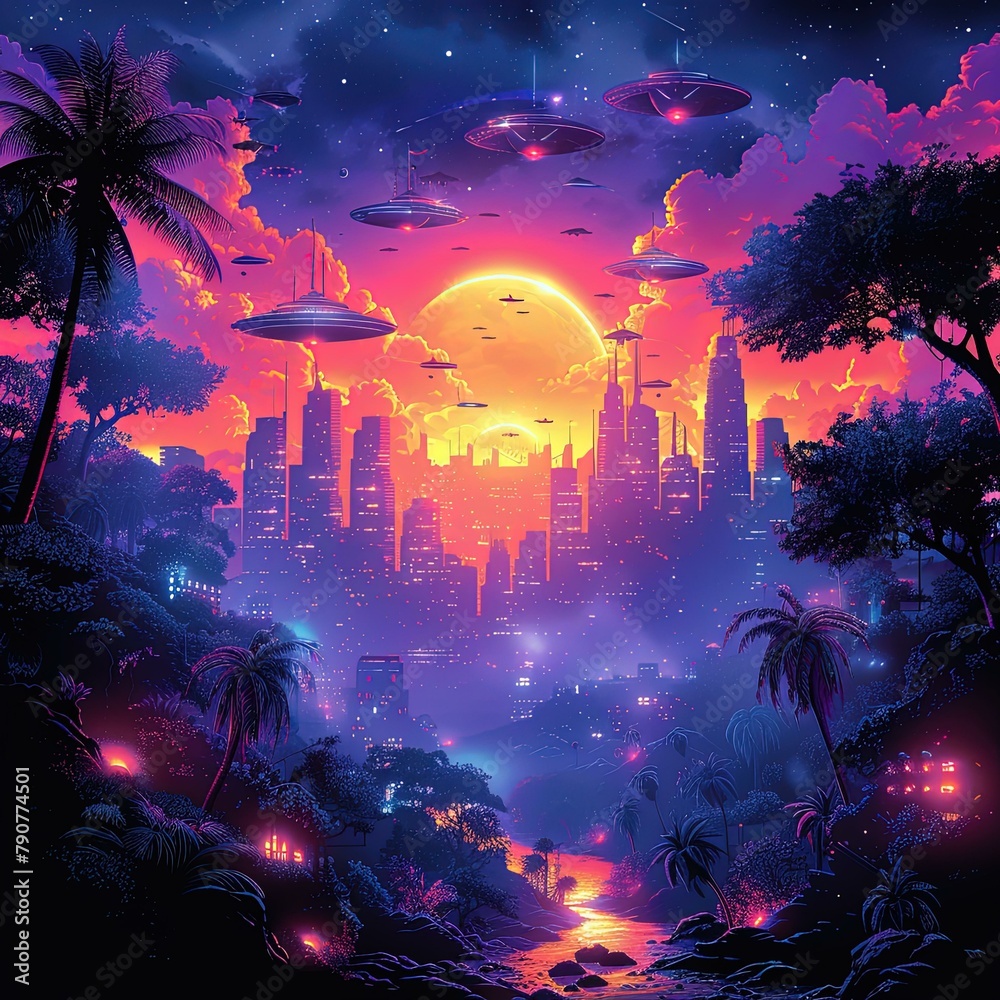 Obraz premium a brightly lit cityscape with a river and flying saucers