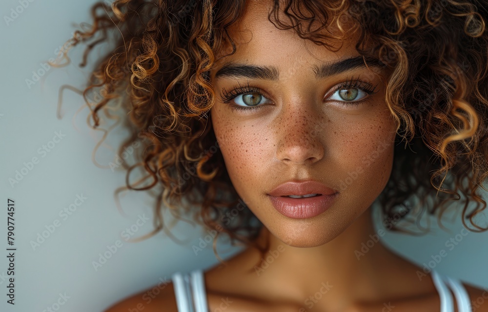 Portrait of a beautiful African American woman with curly hair wearing a white tank top looking at the camera over an isolated white background Portrait of a beautiful African American woman with curly hair wearing a white tank top looking at the camera over an isolated white background