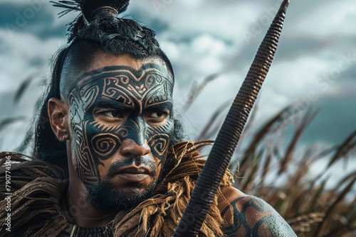 Maori Warrior With Face Paint and Feather Headdress photo