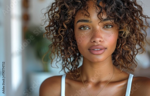 Portrait of a beautiful African American woman with curly hair wearing a white tank top looking at the camera over an isolated white background