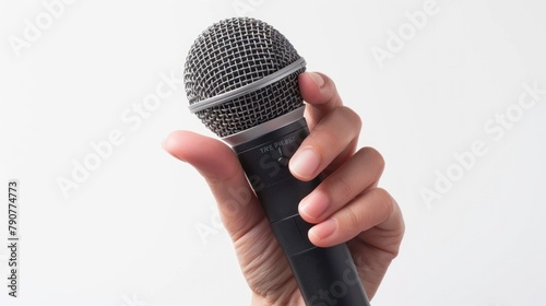 Hand hold mic on white and clean background