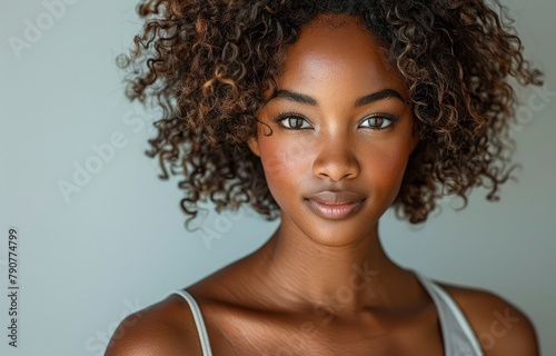 Portrait of a beautiful African American woman with curly hair wearing a white tank top looking at the camera over an isolated white background