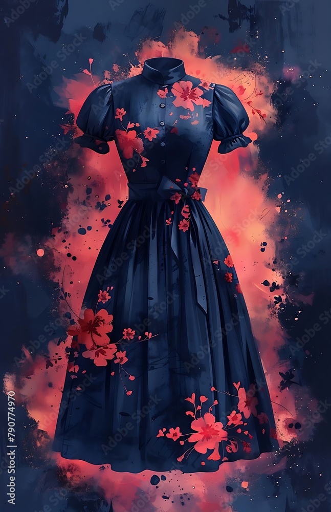 A dress with flowers and butterflies is lit up in a blue color