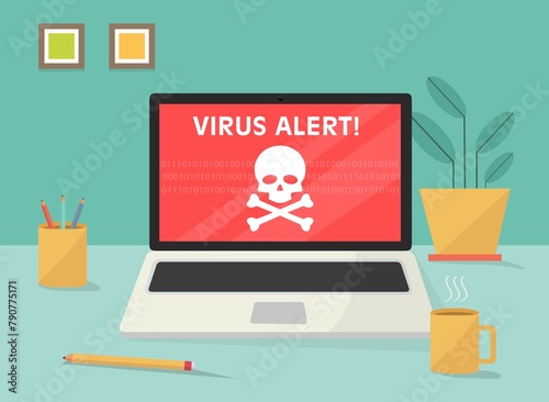 Avviso di notifica del segnale di avvertimento del teschio sullo schermo del computer portatile - illustrazioni email account id hacker VIRUS ALERT photo