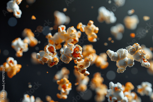 Flying popcorns isolated on black background