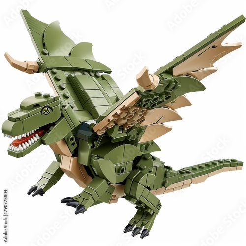 toy dragon dinosaur green color and beige wings on a white background. Ai Generated
