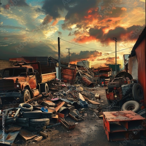 A cluttered junkyard bathed in the warm hues of a dramatic sunset. are discarded tires, metal scraps. The uneven ground is strewn with both small and large pieces of waste. Ai generated