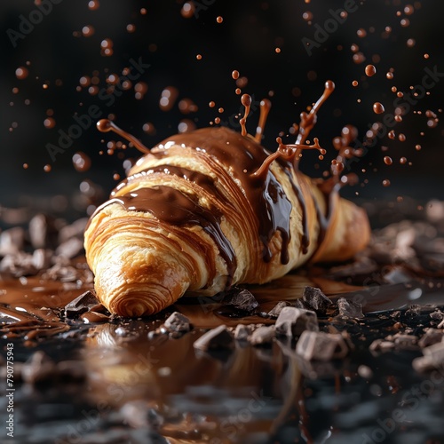 A croissant is a French pastry made from puff pastry in a crescent shape. chocolate splashes. Ai generated