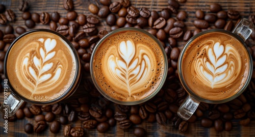 Three cups of latte art coffee amidst scattered coffee beans on a wooden surface. Ai generated