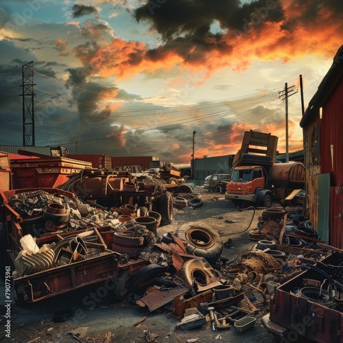 A cluttered junkyard bathed in the warm hues of a dramatic sunset. are discarded tires, metal scraps. The uneven ground is strewn with both small and large pieces of waste. Ai generated