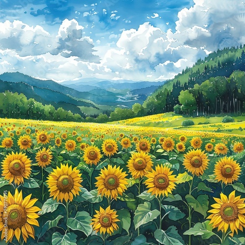 painting of a field of sunflowers with a mountain in the background