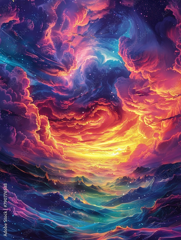 Lush and vibrant wallpaper showcasing a fantastical planet, complete with swirling clouds and colorful landscapes in a fantasy style