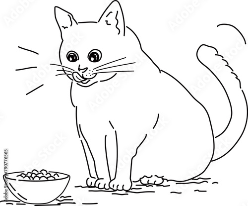 エサを前にし、食べたそうに喜ぶネコの手描き風カラーイラスト
