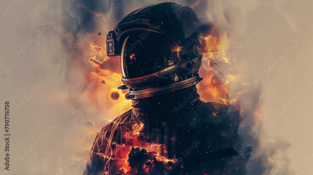 double exposure illustration of an astronaut space background
