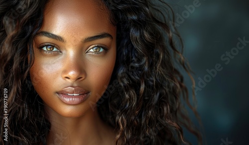 Beautiful African American woman with long curly hair on black background