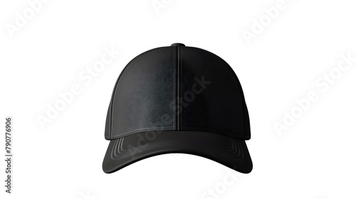 Closeup of one black blank color baseball sport cap hat product mockup template isolated on transparent background. Front view fashion object, headwear merchandise apparel collection